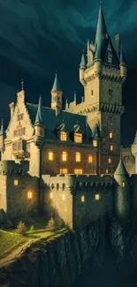 Mystical medieval castle illuminated under a dark, enchanted night sky.