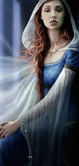 Medieval princess in blue dress with flowing hair seated gracefully.