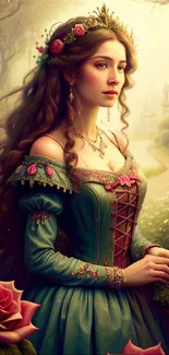 Medieval princess in a fantasy setting, surrounded by roses.