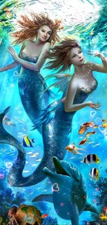 Enchanted mermaids in vibrant ocean scene.