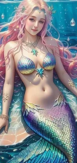 Colorful mermaid with vibrant scales swimming in a fantasy ocean.