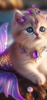 A kitten with a mermaid tail adorned in jewels, sitting elegantly.