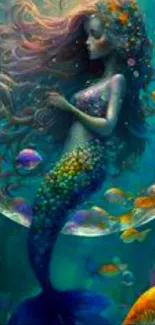 Vibrant mermaid amidst colorful fish in underwater fantasy scene.