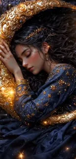 A serene scene of a woman sleeping with a golden crescent moon.