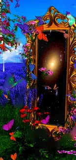 Golden mirror in a fantasy landscape with butterflies and vibrant colors.