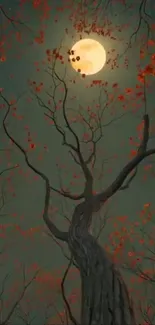 Tall tree with red leaves under a full moon.