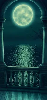 Moonlit balcony with serene ocean view and full moon glow.