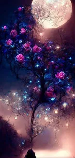 Mobile wallpaper with glowing pink roses under a moonlit night.