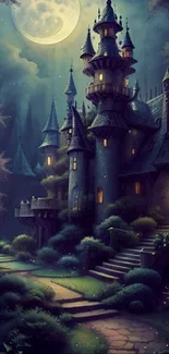 Moonlit view of an enchanted castle at night surrounded by lush greenery.