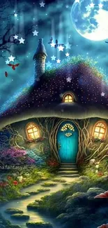 Enchanted cottage under a full moon in a magical forest, with vibrant flowers.