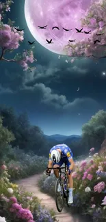 Cyclist rides along a moonlit path surrounded by flowers.