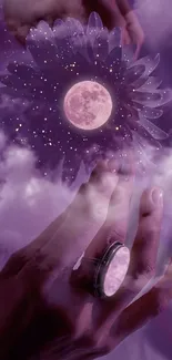 Mystical moon with ethereal clouds and a serene hand in lavender tones.