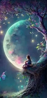 Girl sitting on tree under enchanted moon.