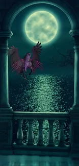 Fantasy art with a winged horse flying over a moonlit ocean view.