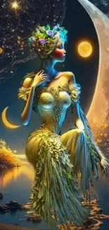 Fantasy art wallpaper of a celestial goddess in a moonlit scene.