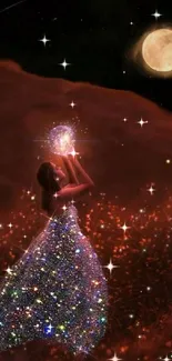 A woman in a shimmering dress under a moonlit sky, surrounded by glowing lights.