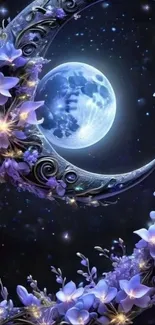 Enchanted moonlit scene with purple flowers and crescent.