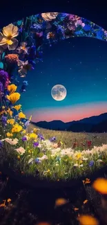 Crescent moon entwined with flowers against a starry night sky.