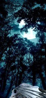 Moonlit forest with dark tree silhouettes under a bright sky.