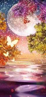 Enchanted forest with colorful leaves and moonlit butterflies.