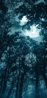 Moonlit forest wallpaper with silhouetted trees and glowing full moon.