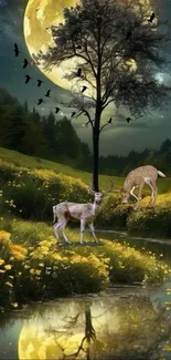 Deer in a moonlit forest by a pond, surrounded by flowers.