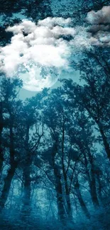 Moonlit forest scene with tall trees and mystical atmosphere.