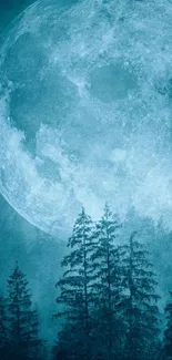 Luminous full moon over a forest with a blue hue, mobile wallpaper.