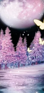 Ethereal forest with pink trees, butterflies, and a glowing moon.