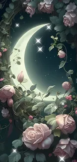 Moonlit garden with roses and leaves, enchanting night wallpaper.