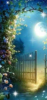 Enchanted moonlit garden with floral archway and glowing gate.