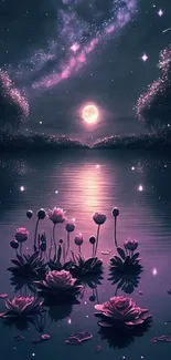 Moonlit lake with lotus flowers and a starry sky.