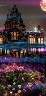 Enchanted mansion surrounded by moonlit flowers and a glowing full moon.