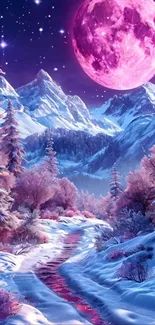 Enchanting scene with pink moon and snowy mountains in a fantasy landscape.