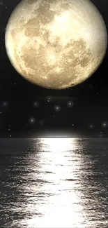 Moonlit ocean with full moon reflecting on water.