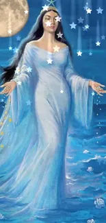 Mystical goddess in blue under moonlight in ocean scene.