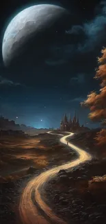 A mystical moonlit path leads to a distant castle under a dark, cloudy sky.