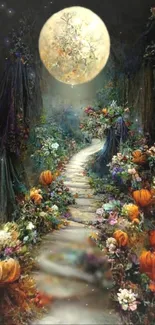 Enchanted pathway with pumpkins and a moonlit sky.