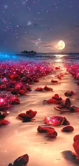 Enchanting moonlit path with sparkling roses by the ocean.