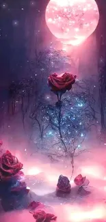 Mystical rose reaming in pink moonlight with an ethereal, magical glow.