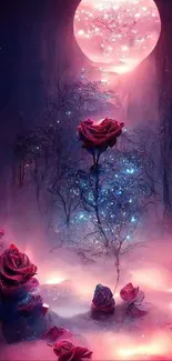 Magical moonlit roses wallpaper with glowing fantasy hues.