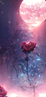 Mystical roses under a glowing purple moon.