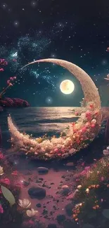 Enchanting moonlit seascape with floral crescent under a starry sky.