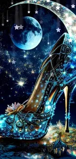 A sparkling high heel under a moonlit starry sky, creating an enchanting fantasy scene.