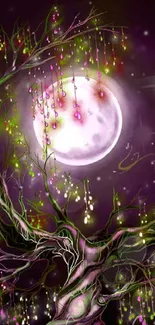 Enchanted moonlit tree in mystical night setting wallpaper.