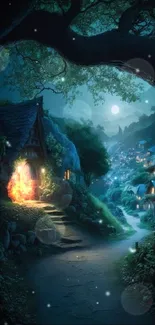 Enchanted moonlit village with glowing cottages under a starry night sky.