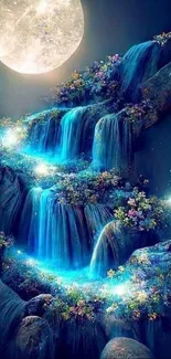 Enchanting moonlit waterfall with vibrant flowers.