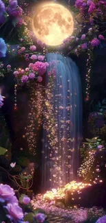 Enchanting moonlit waterfall with vibrant purple flowers.