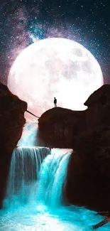 A stunning moonlit waterfall under a starry night sky with a lone figure on a rock.