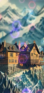 Mountain house with neon hexagons in vibrant fantasy setting.